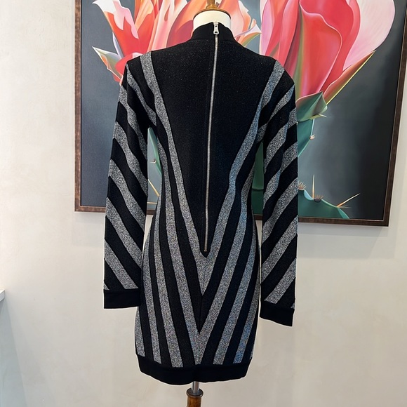 Balmain Paris Chevron Stripe Lurex Cocktail LS Dress - Picture 6 of 16
